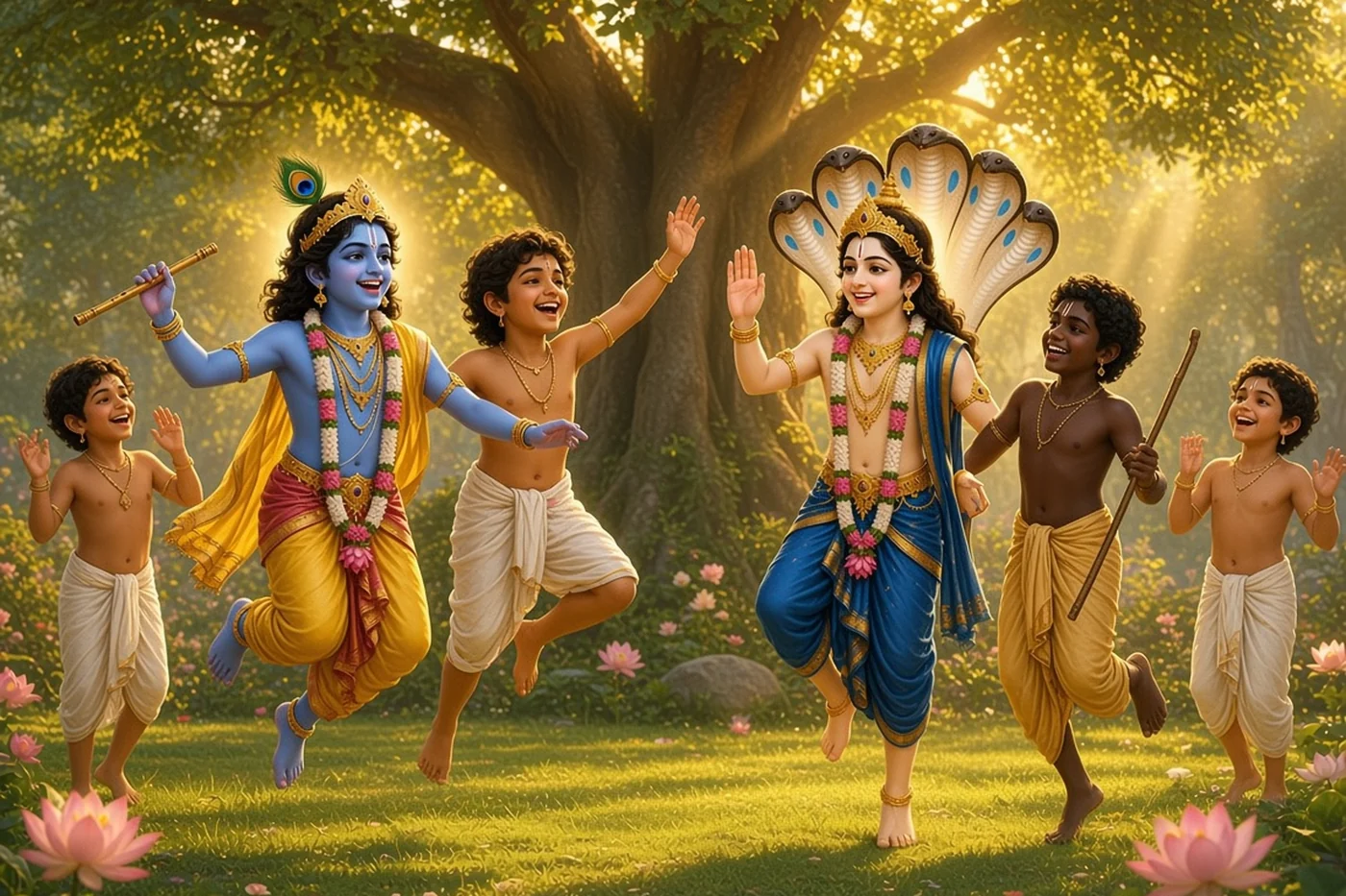 The cowherd boys leap like deer in pairs, Balarama beside the new boy