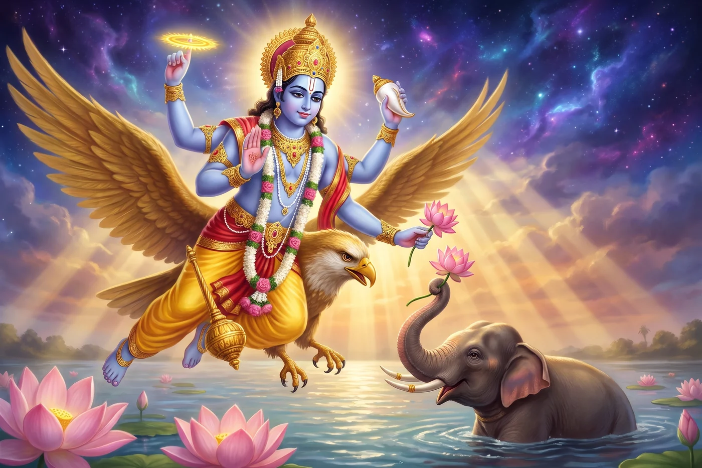 Vishnu arrives on Garuda above the lake, his discus raised