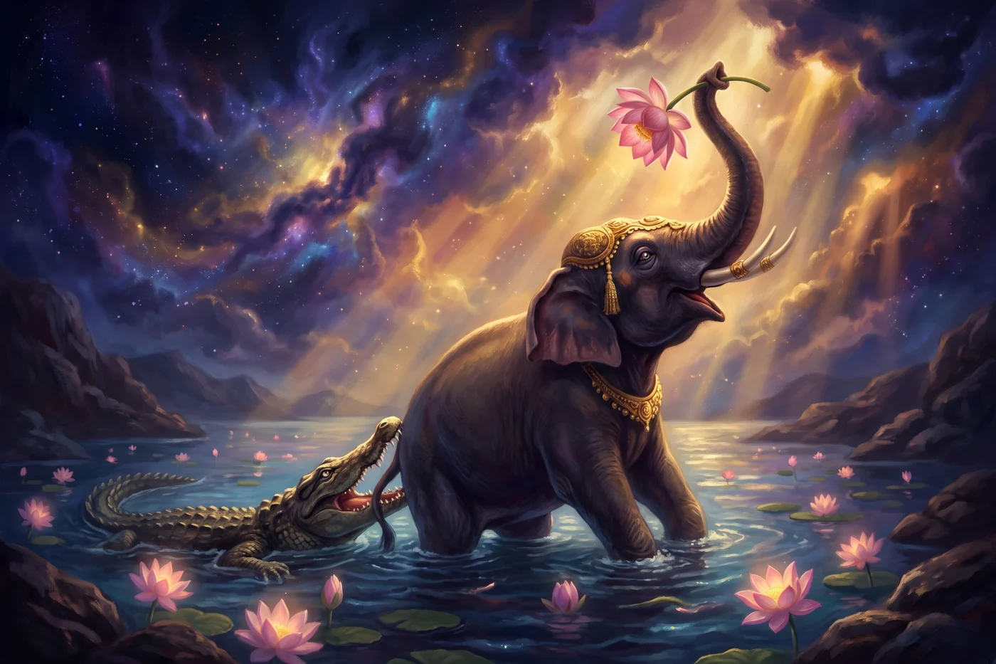 The elephant in the lake lifts one lotus high in his trunk, the crocodile fast on his leg