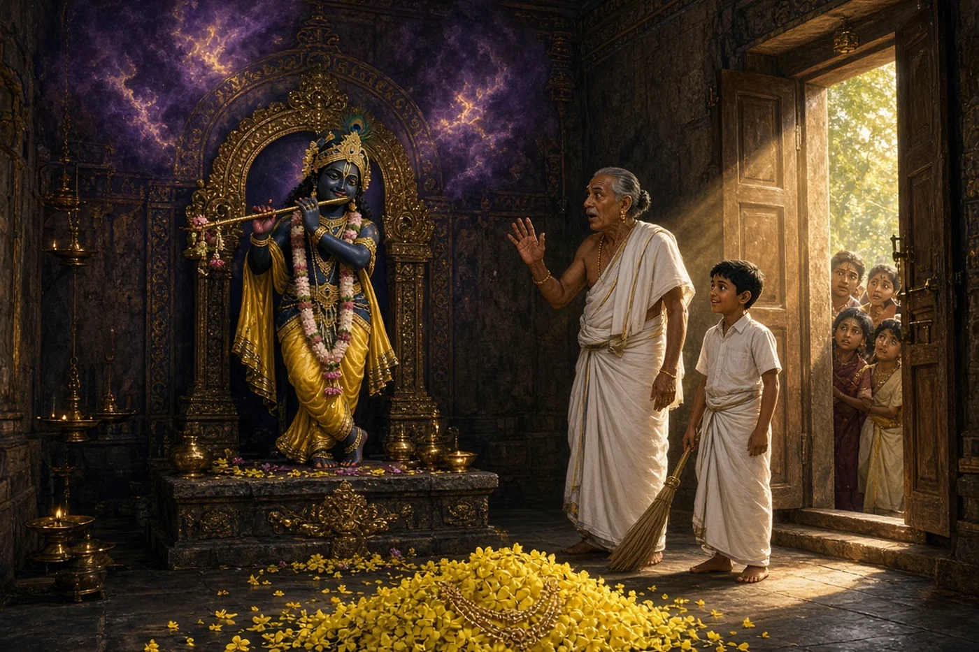 The priest finds fresh konna flowers heaped before Krishna with the gold chain in them