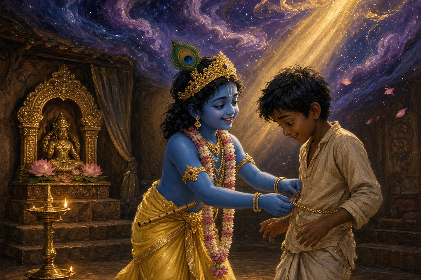 Young Krishna ties his gold waist chain round a poor boy in a village temple