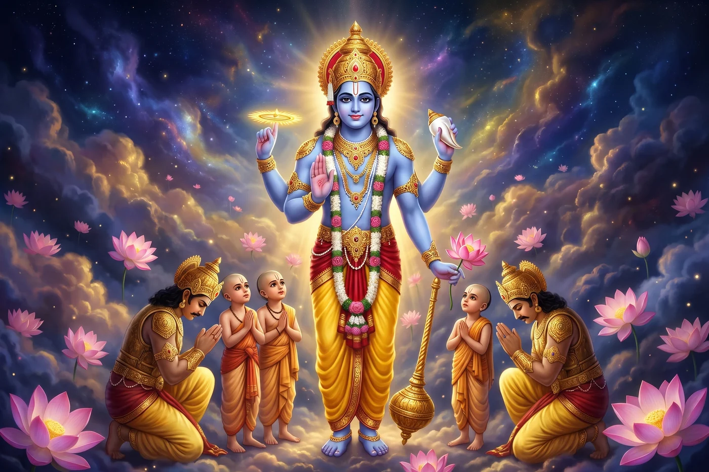Two tall armed gatekeepers with maces stand at the golden gate, four small boy-sages before them
