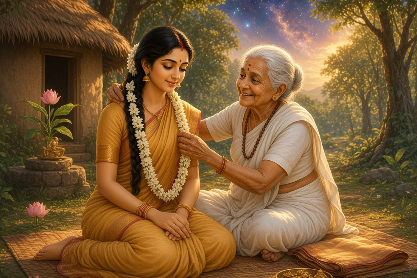 The old ascetic Anasuya places a garland round Sita's neck in Atri's hermitage
