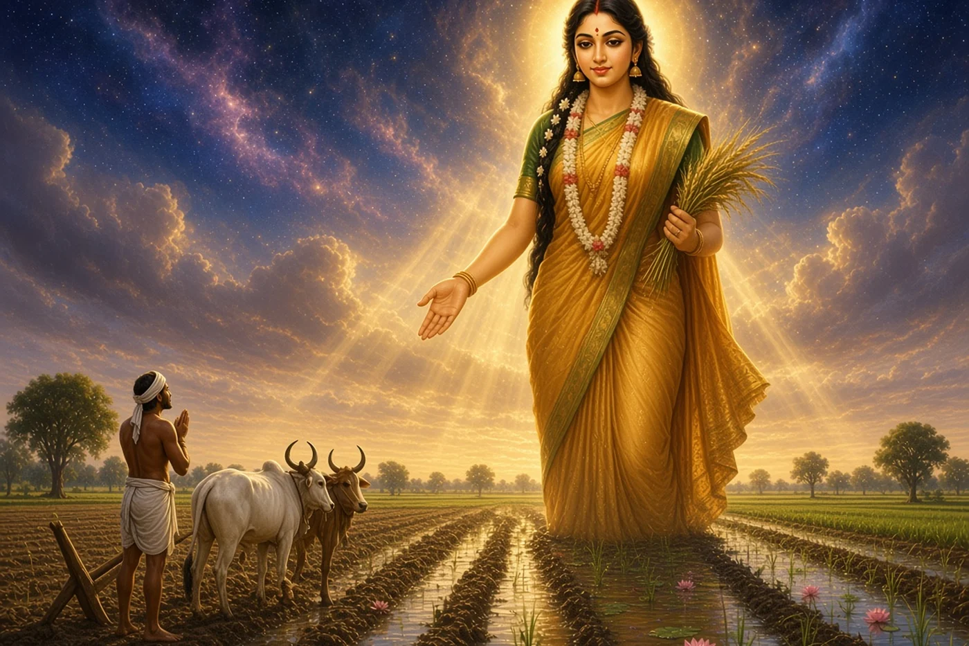 The goddess Sita rises from a rain-filled furrow as a farmer and his oxen look up