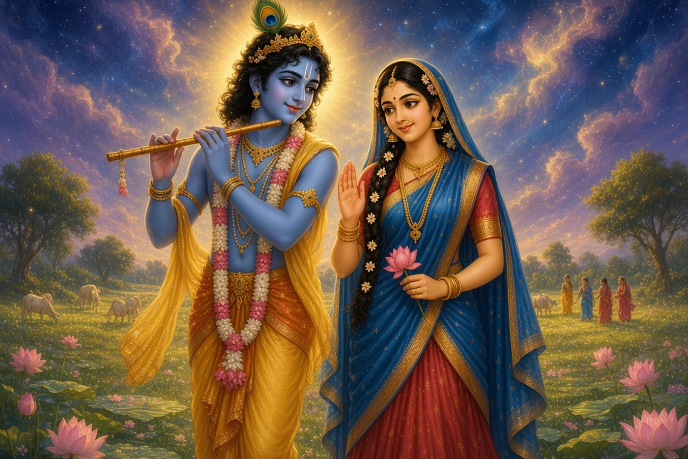 In Goloka Radha appears in a burst of golden light at Krishna's left side