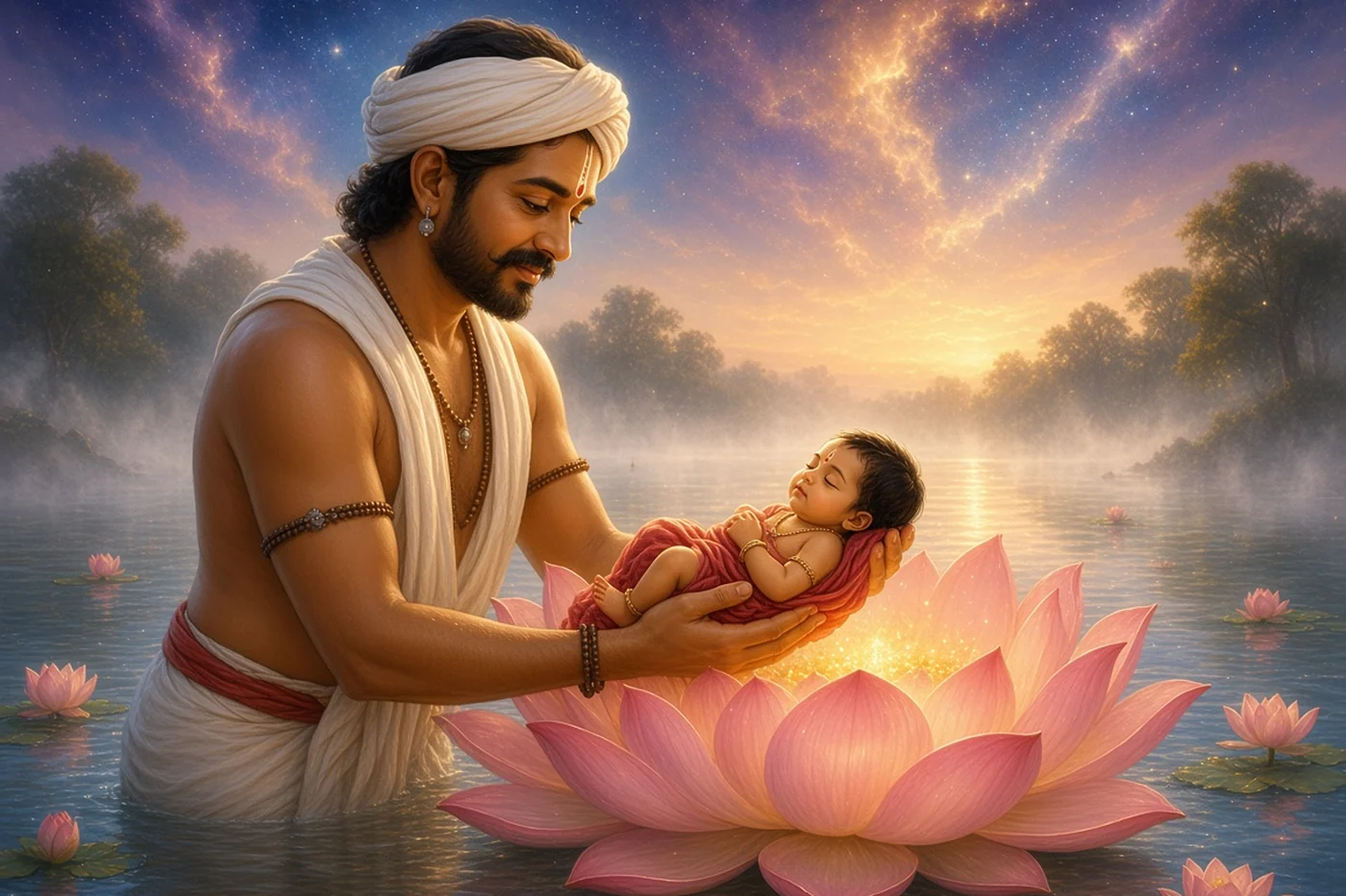 Vrishabhanu lifts a baby girl from a great glowing lotus on the Yamuna at dawn