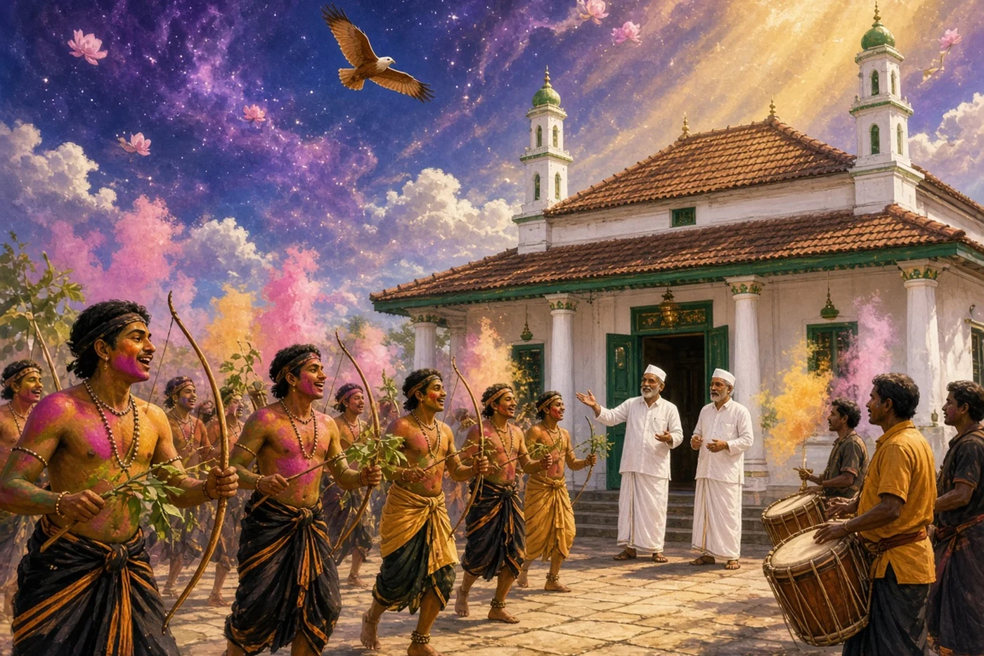 Painted pilgrims with branches dance round the courtyard of the Vavar mosque
