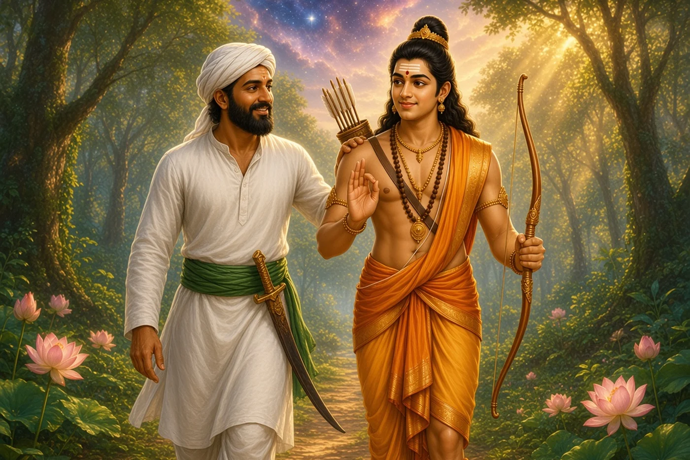 Ayyappa and his friend Vavar walk side by side along a misty forest path