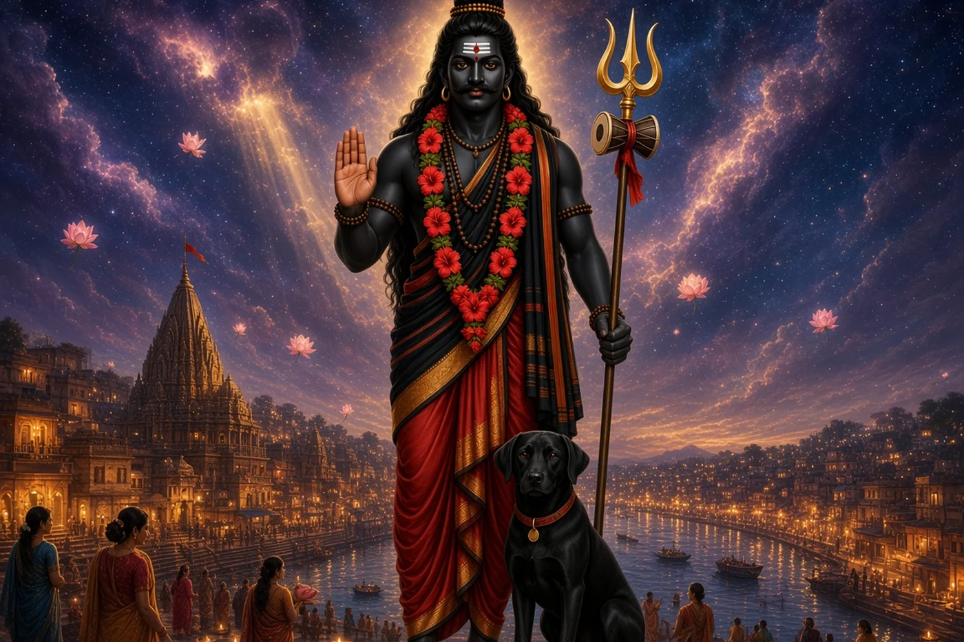 Bhairava and his dog stand guard over Ujjain and the lamplit river Shipra