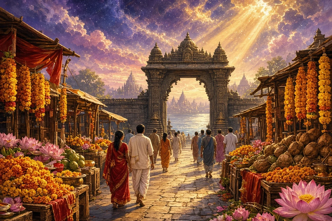 Stalls of marigolds and coconuts line the road to the temple by the Shipra