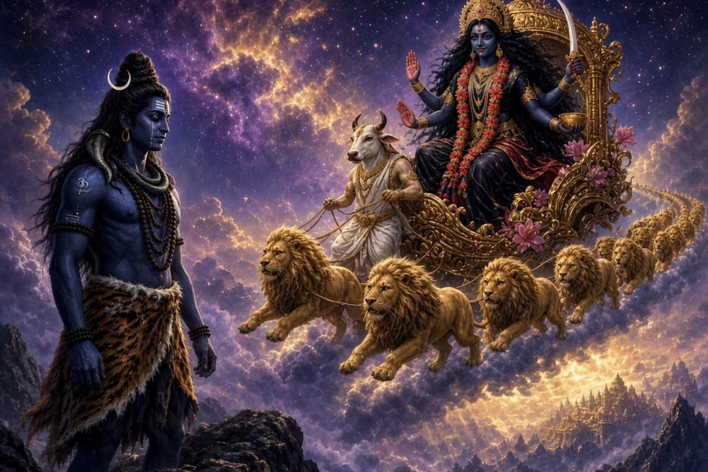 Kali rides off in a jewelled chariot drawn by lions while Shiva weeps behind