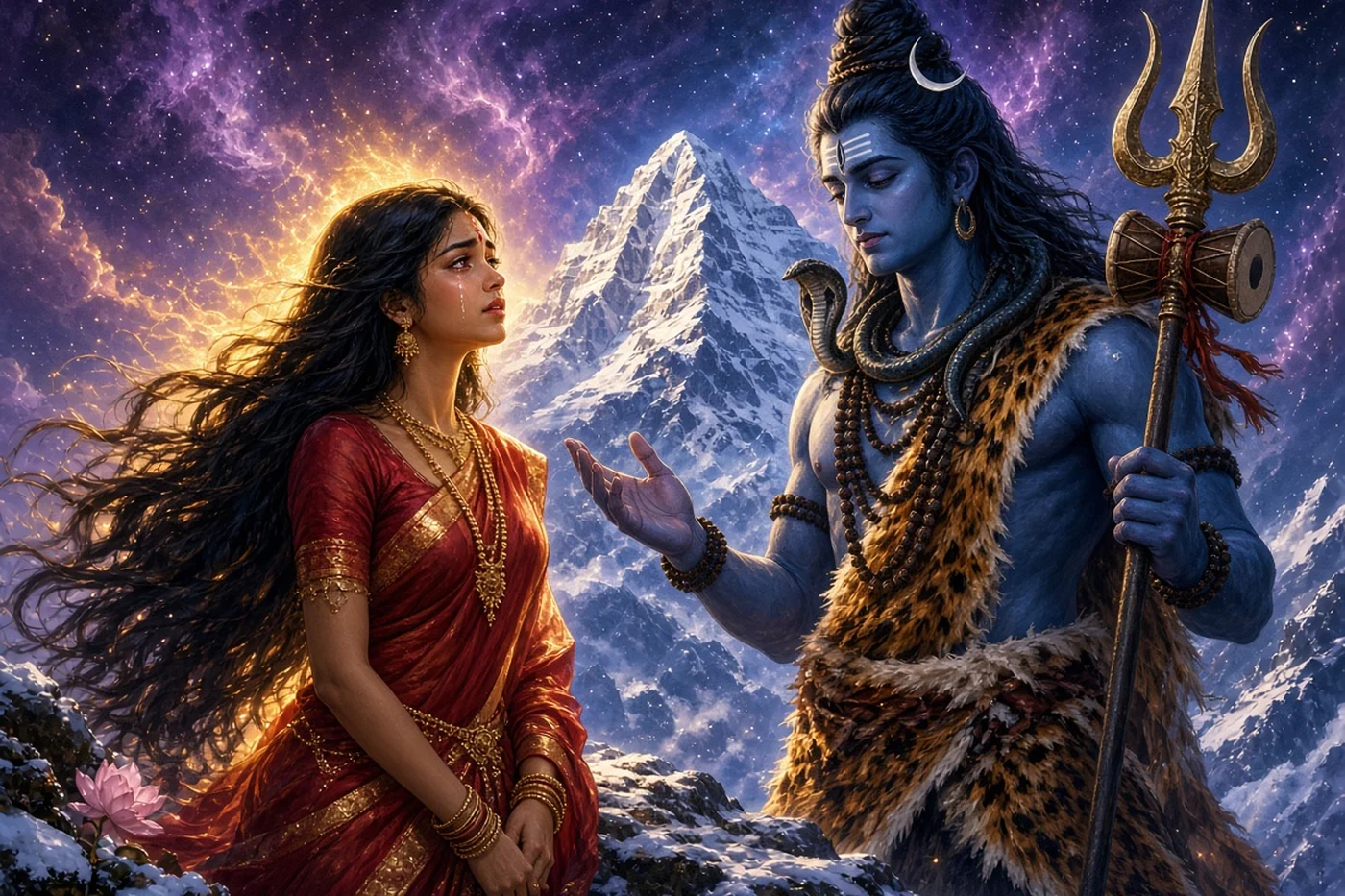 Sati looks at Shiva with tears in her eyes as fire begins to blaze in them