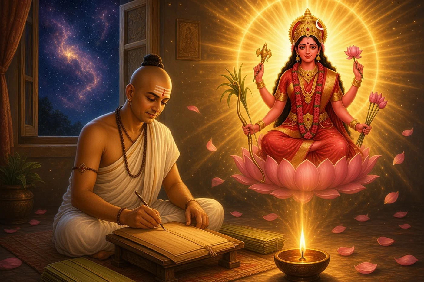 Bhaskararaya writes by lamplight as the Goddess rises from a wheel of light above him