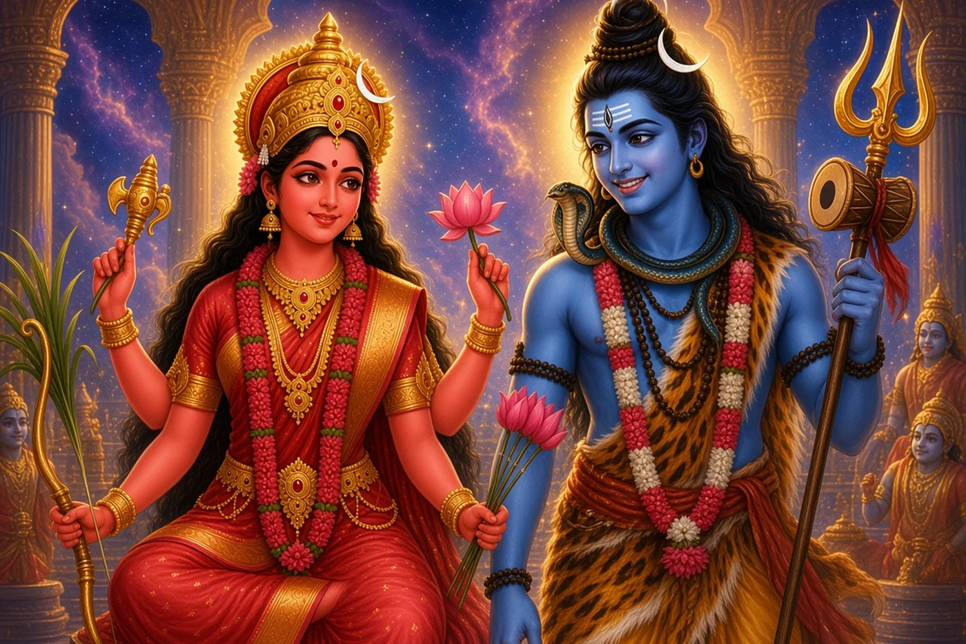 Lalita's garland falls round the neck of Kameshvara in the city of the Goddess
