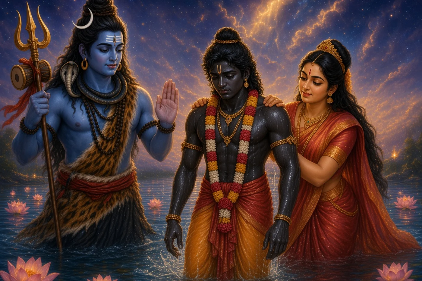 The Siddha Mother and Shiva lift Barbarika gently out of the sea