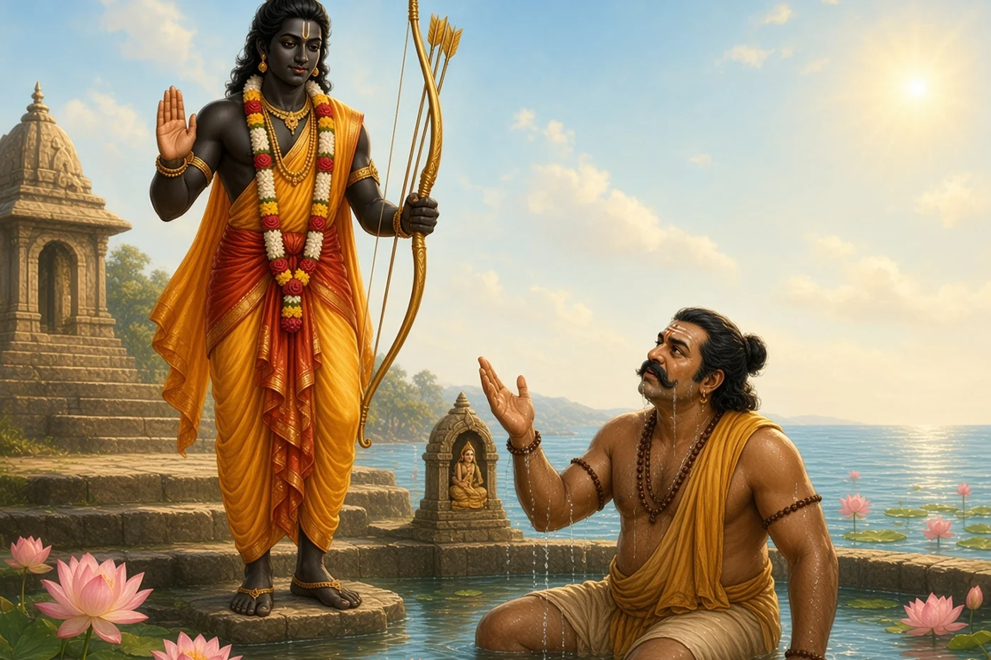 Barbarika on the bank orders a thirsty Bhima out of the goddess's pond