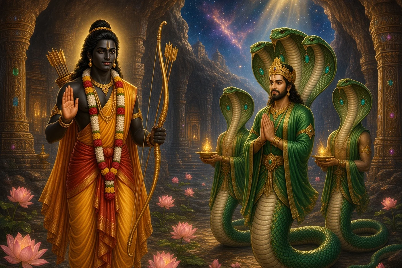 Vasuki and the Nagas greet Barbarika in the cave city under the earth