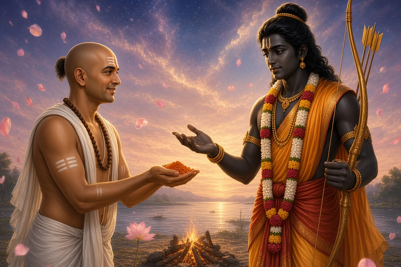 At dawn Vijaya holds out a handful of saffron ash to Barbarika