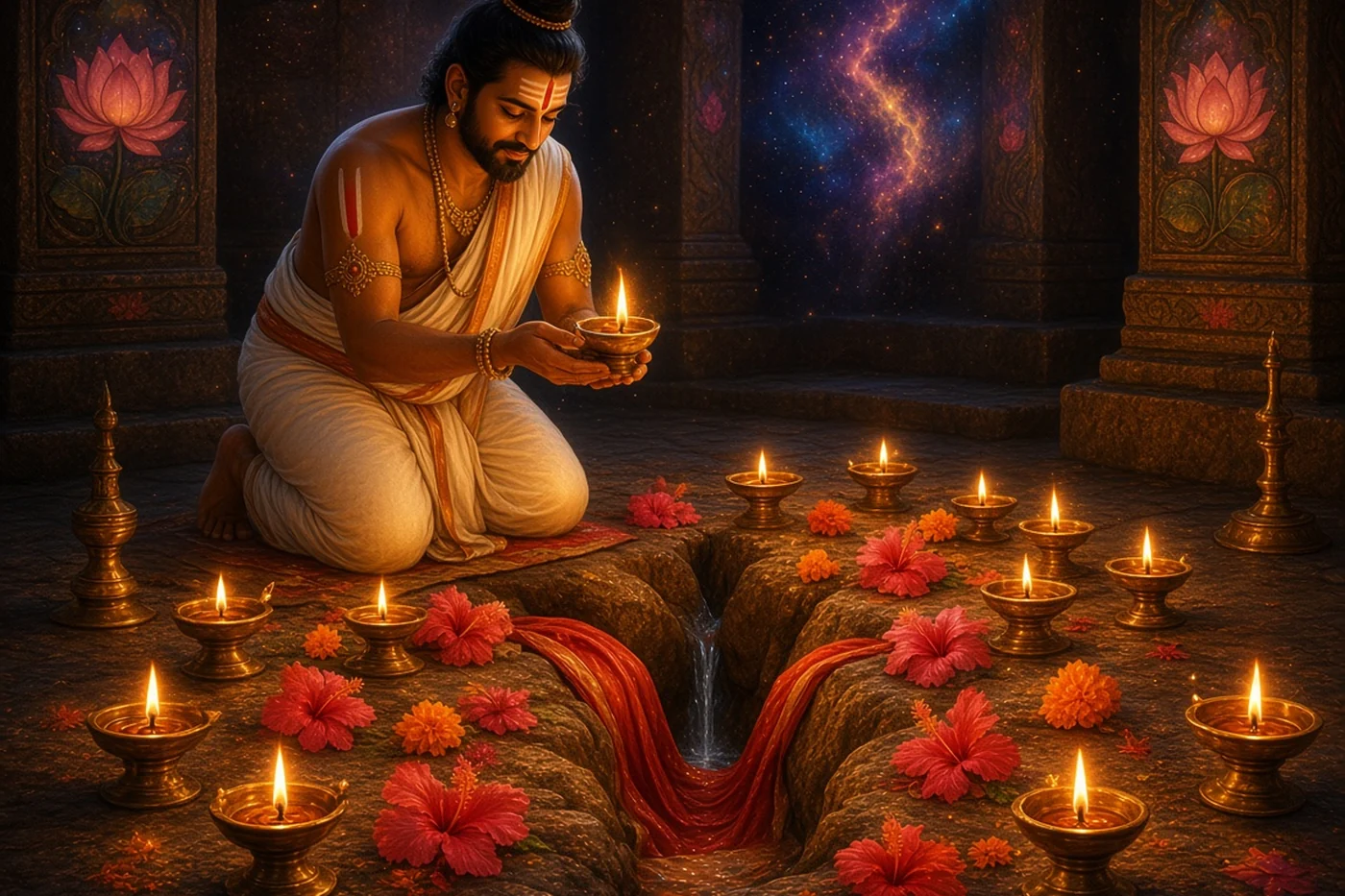 In the dark room under the temple, lamps glow over a flower-covered cleft in the rock