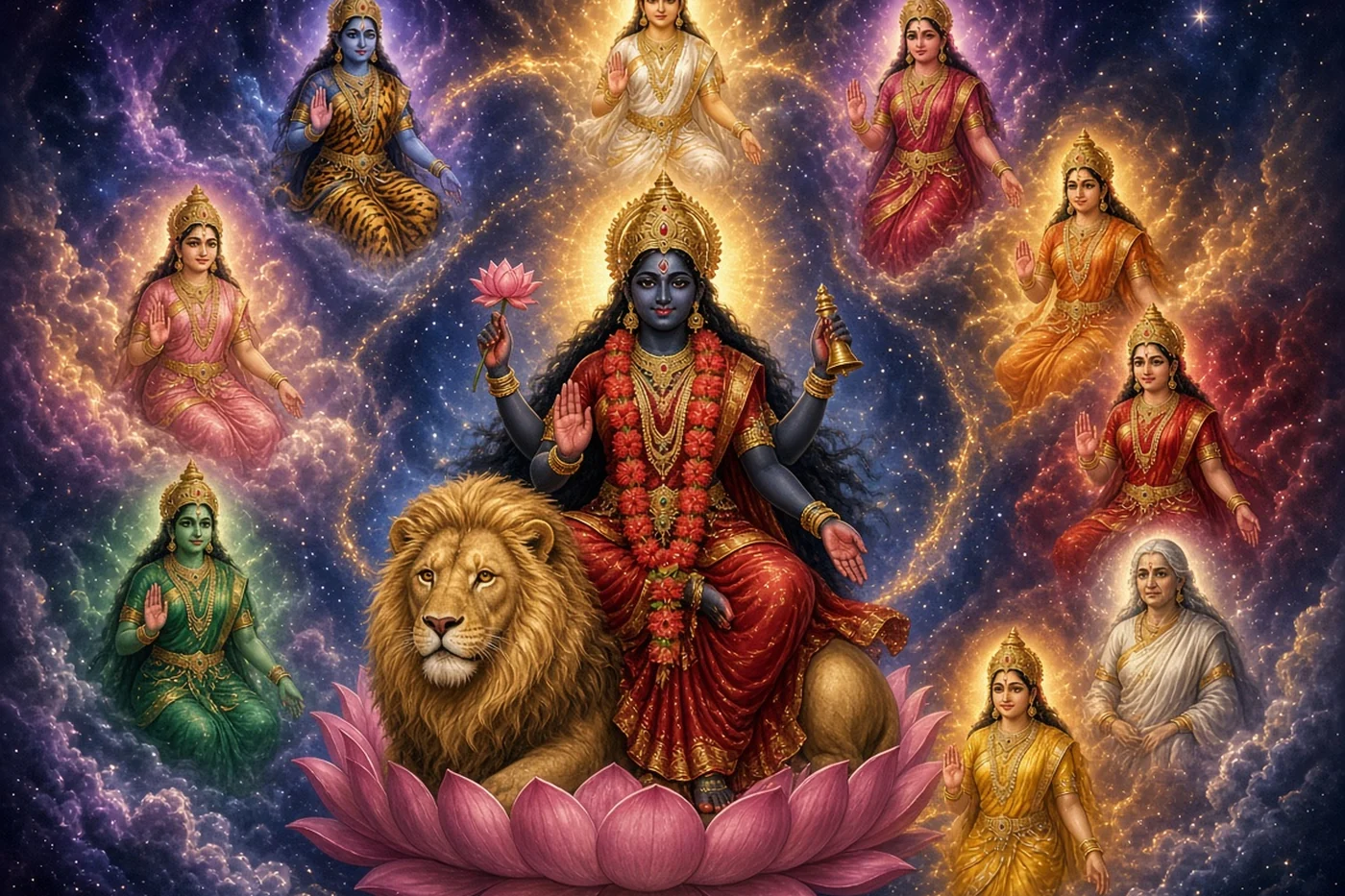 Kamakhya sits on her lion and lotus with nine goddesses in a ring around her