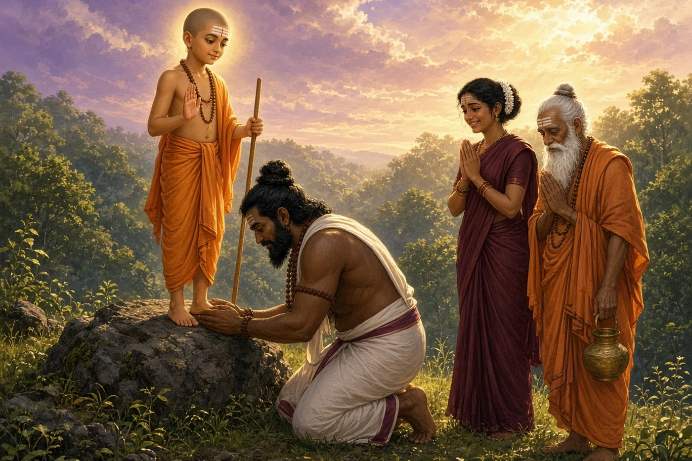 Idumban kneels at the feet of the boy Murugan as Agastya and Idumbi look on