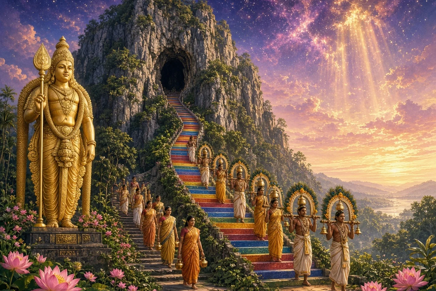 Kavadi bearers climb the long stairs to the great cave at Batu Caves