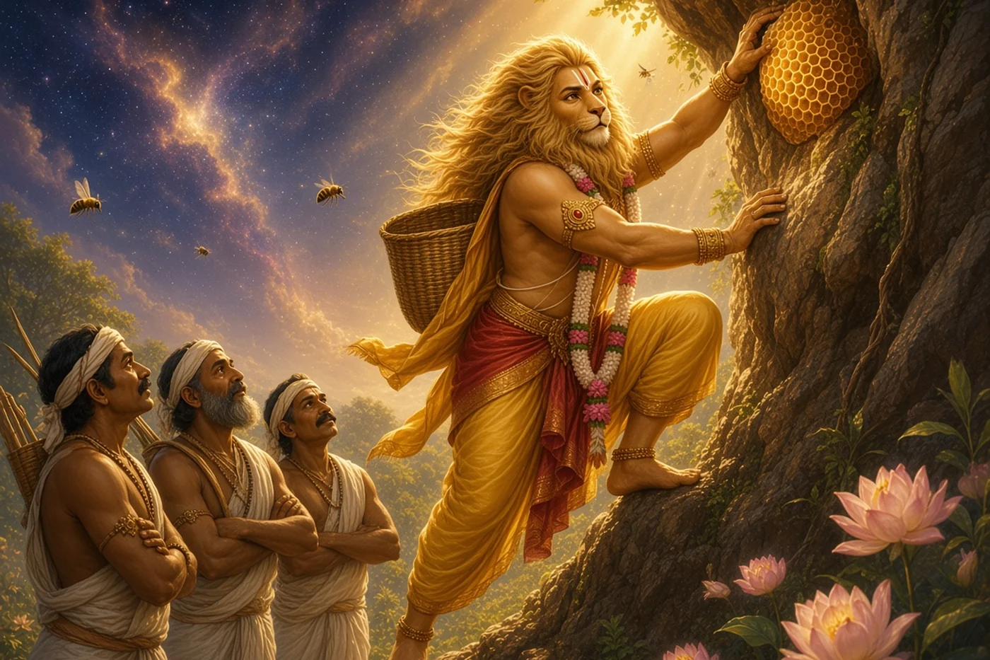 Narasimha climbs a sheer cliff to bring down the honey as the Chenchus watch