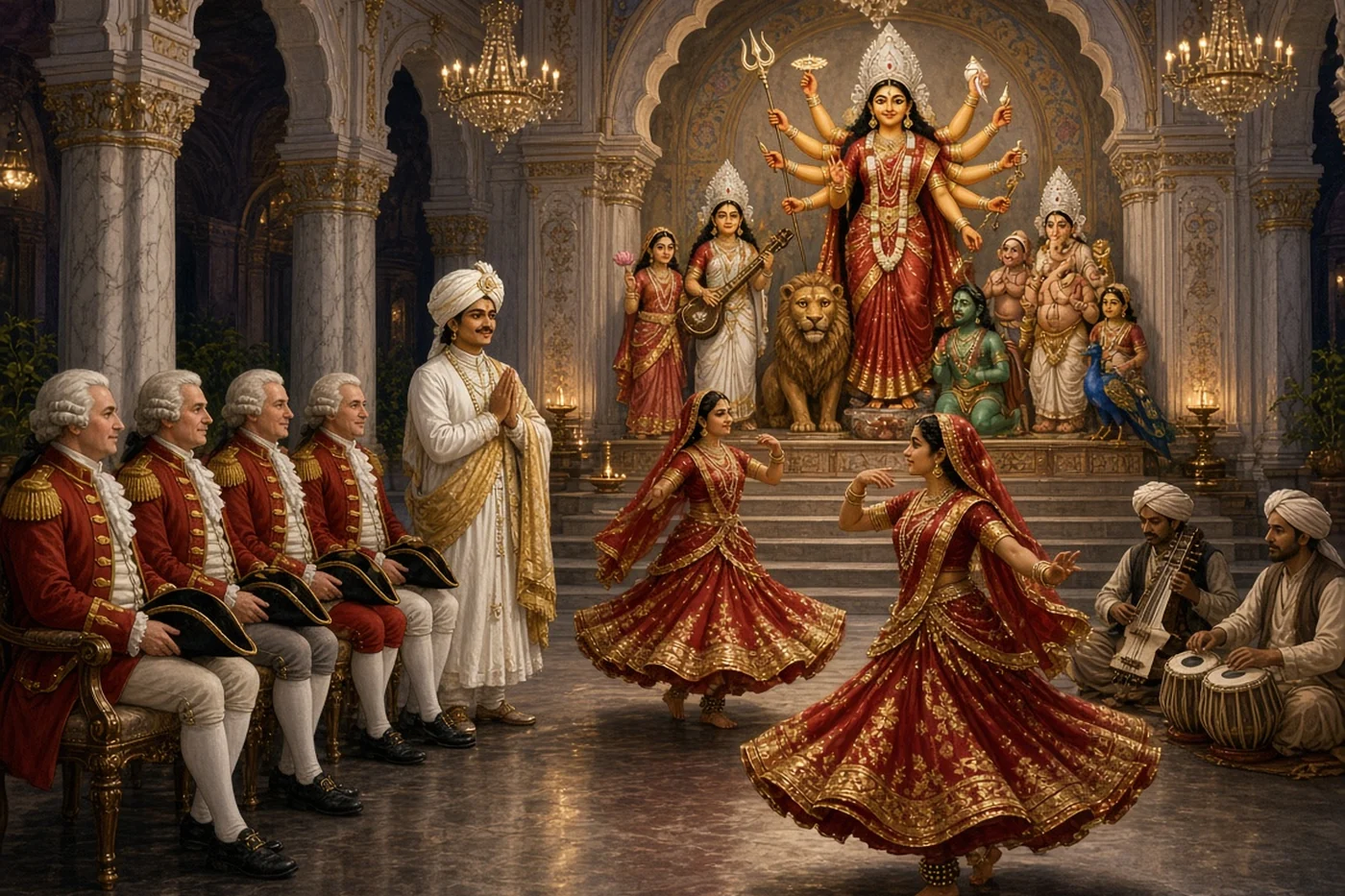 Englishmen in red coats watch the dancers in the Goddess's hall at Shobhabazar