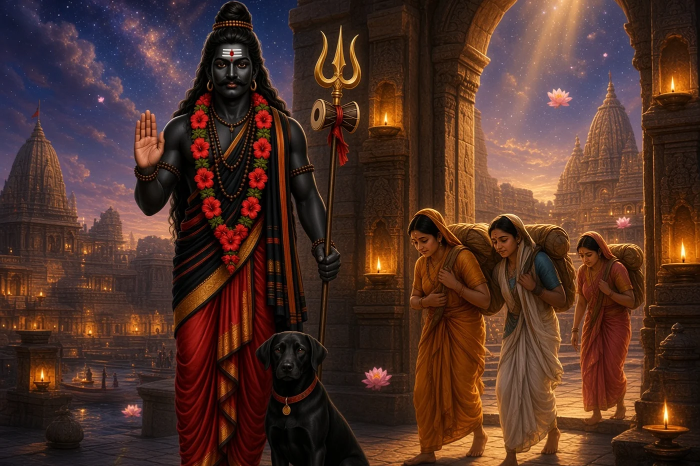 Bhairava stands at the gate of Kashi with his dog as pilgrims bow and walk in