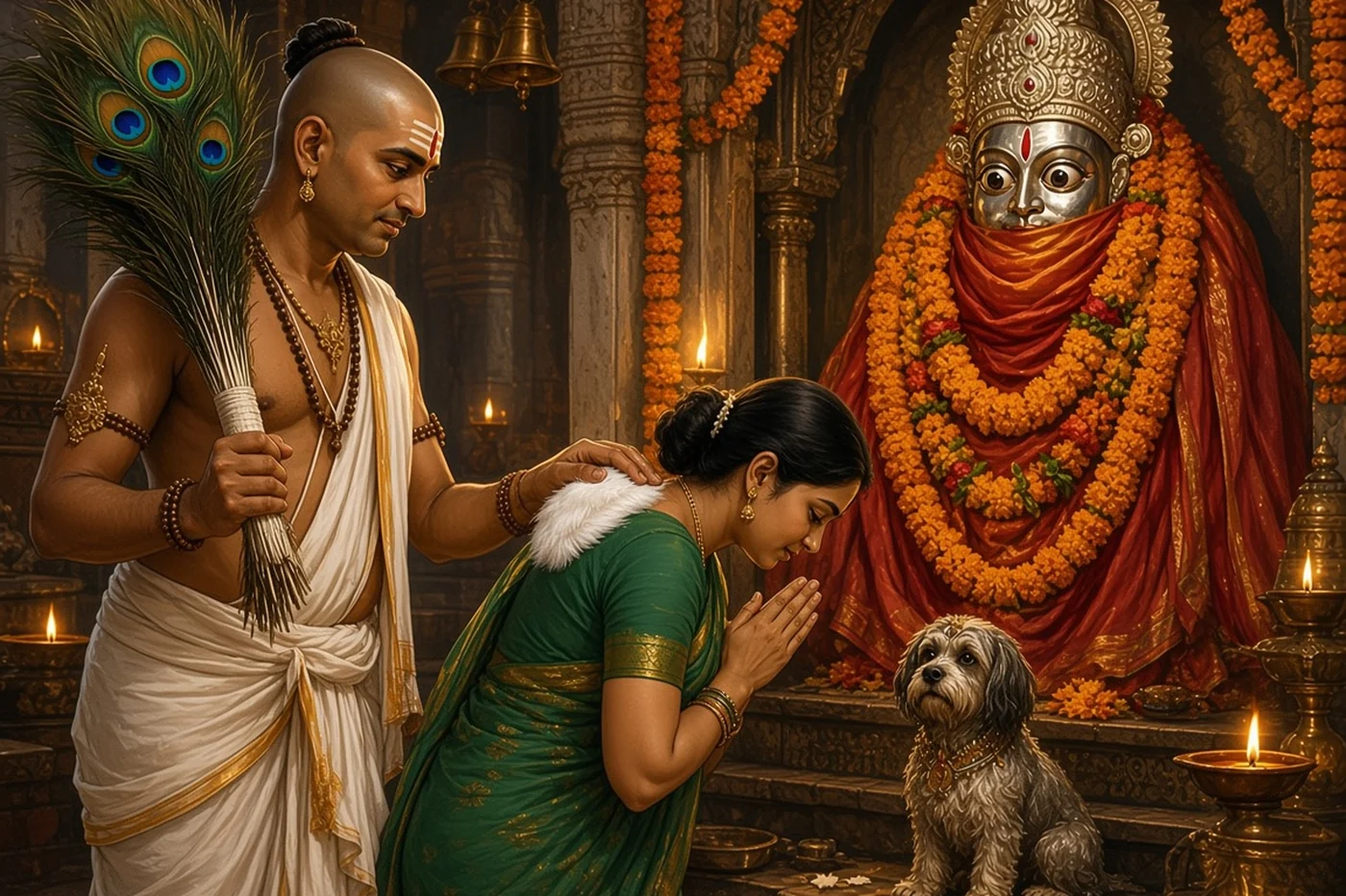 A priest with a peacock-feather bundle blesses a bowing pilgrim before Kaal Bhairav