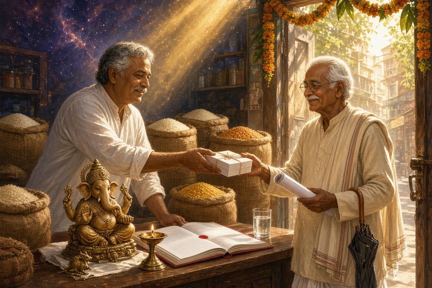 The shopkeeper gives his first customer of the year a box of sweets and a calendar