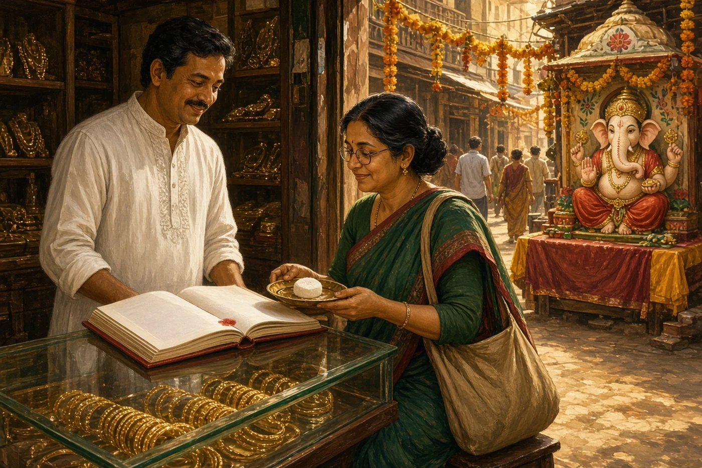 A history teacher eats sandesh over the jeweller's new red ledger in Tanti Bazar