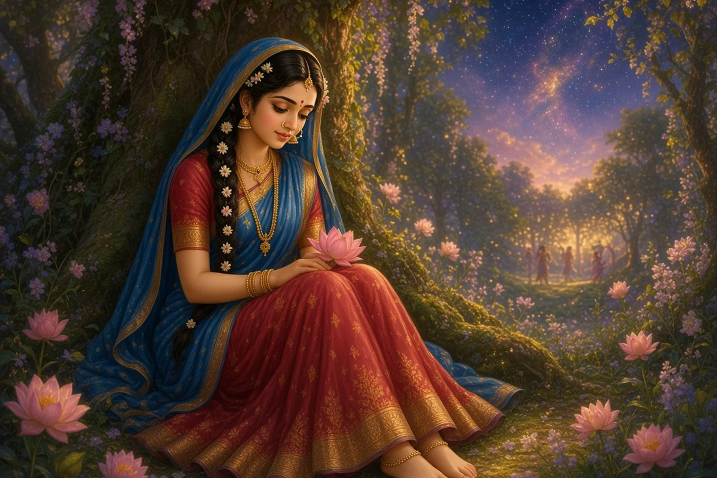 Hurt and silent, Radha sits alone in a thicket of flowering creepers