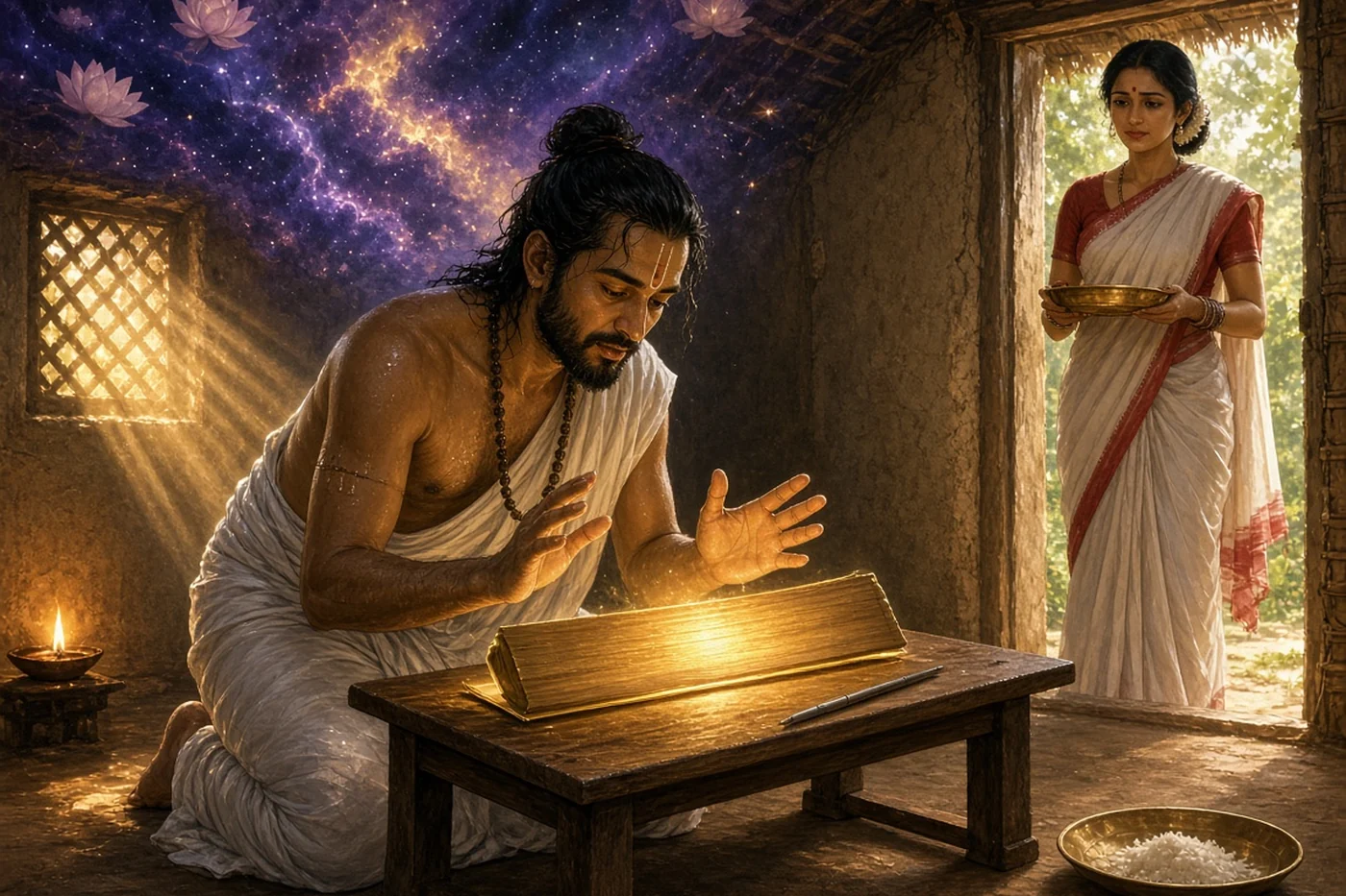 Jayadeva, wet from his bath, finds the palm leaf glowing where the line was written