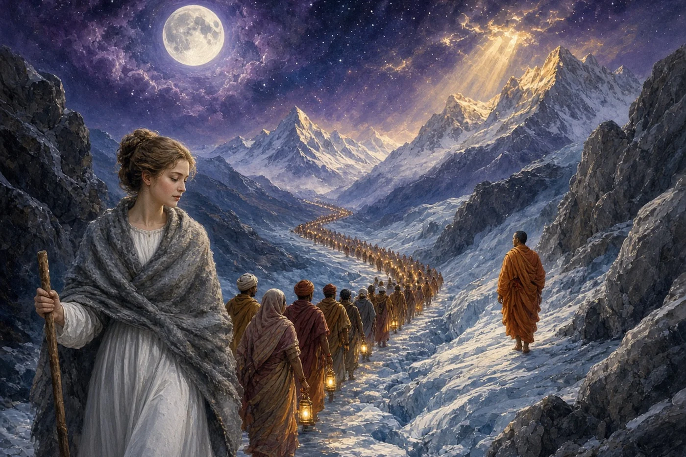Pilgrims climb the glacier under the full moon, Nivedita among them