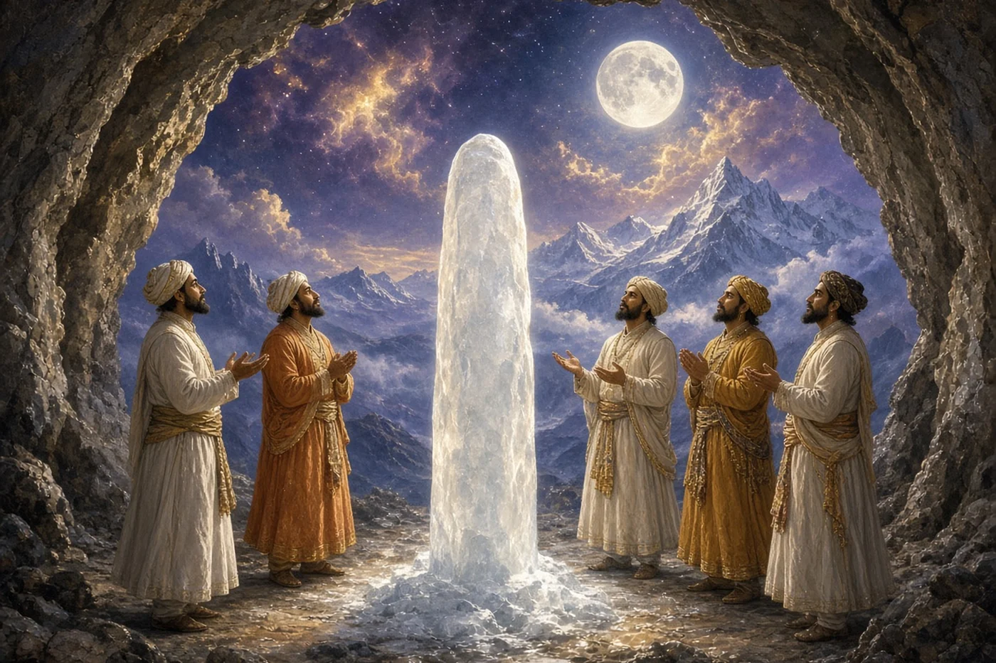 Turbaned men of Akbar's day stand in wonder round the white pillar of ice