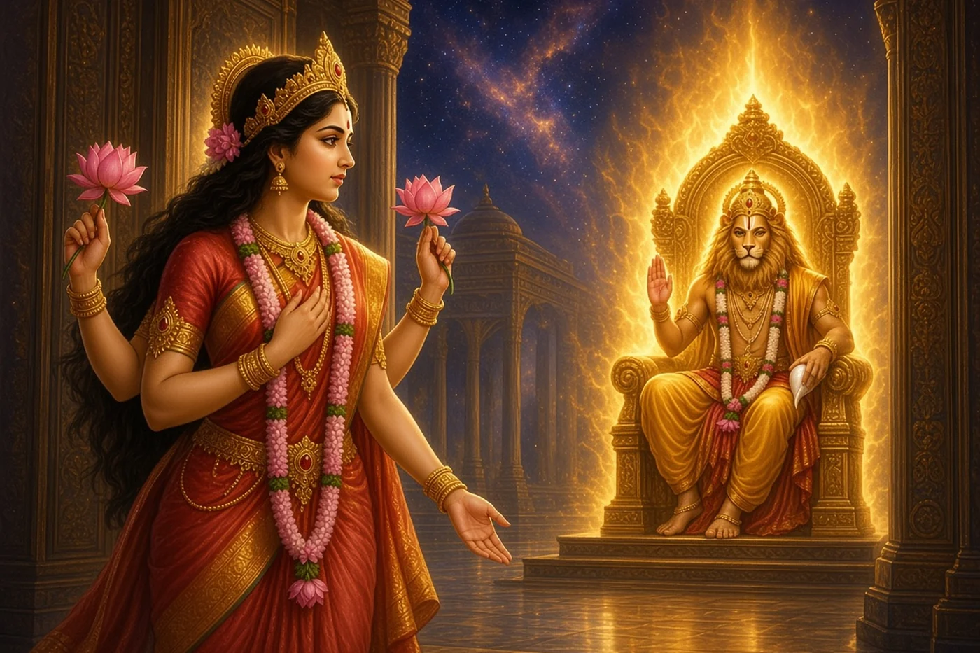 Lakshmi stops at the doorway of the hall, afraid of the blazing man-lion