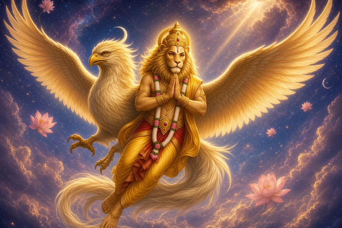 The winged Sharabha carries Narasimha high above the worlds