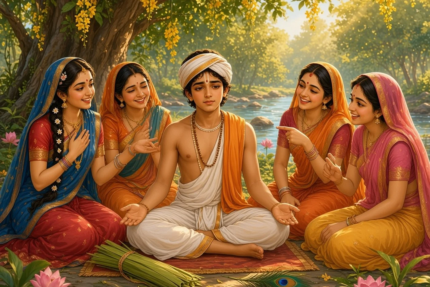 The women of Vraja laugh at Uddhava and his formless god under the kadamba trees
