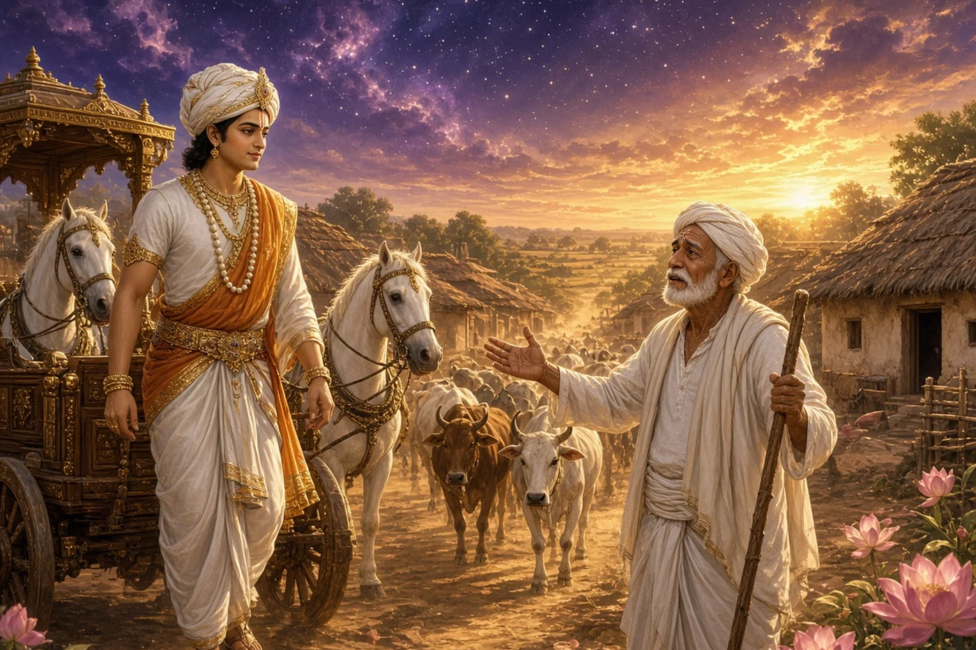 Uddhava's chariot reaches Vraja at evening as old Nanda comes out to greet him