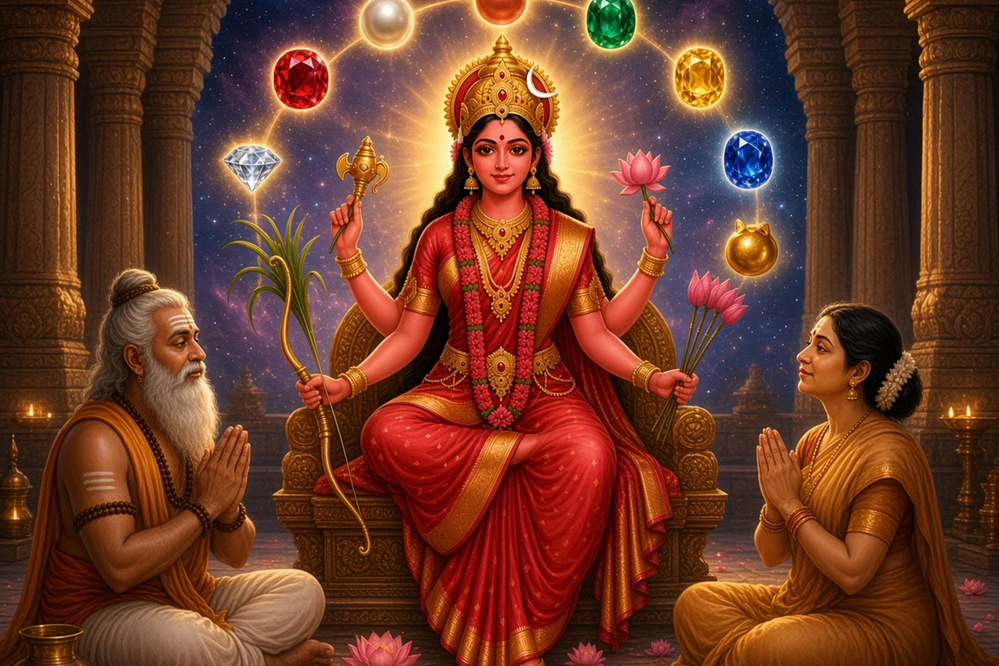 Agastya and Lopamudra chant before the Goddess in a ring of shining gems