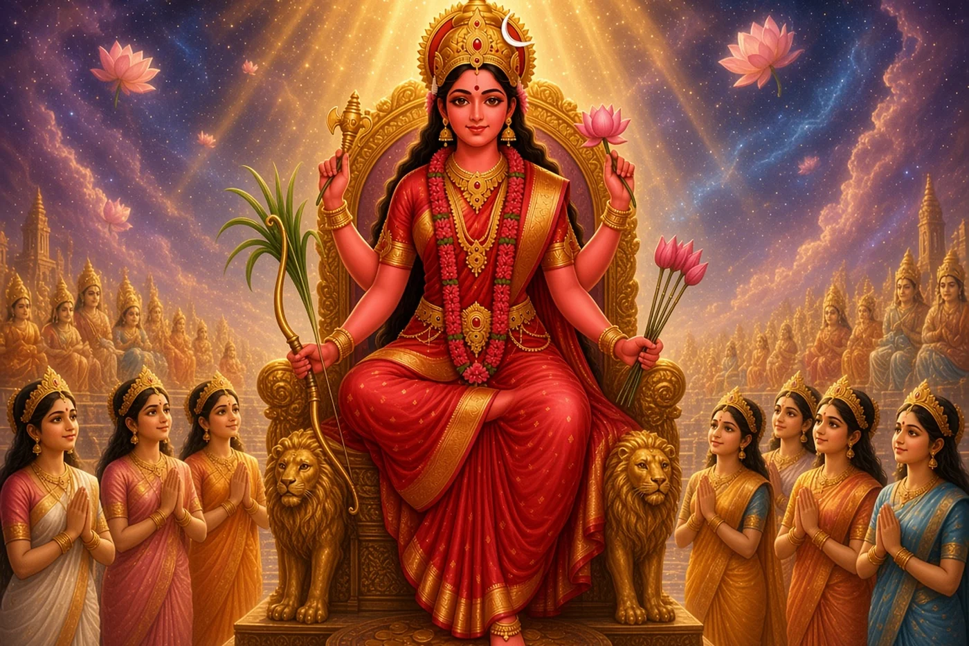 The goddesses of speech rise and sing the thousand names before Lalita on her lion throne