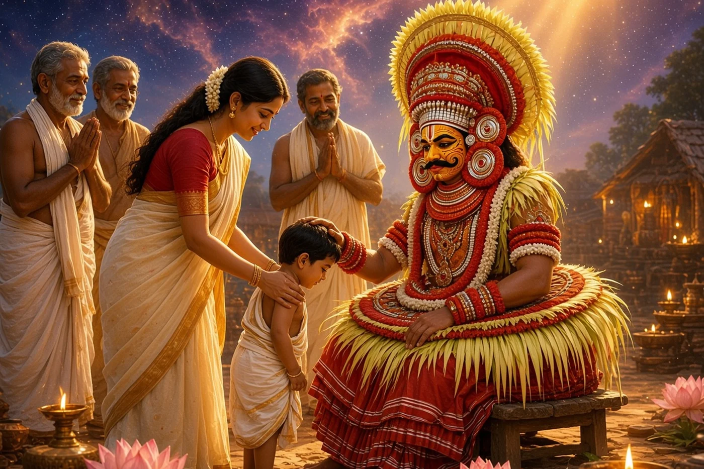 The god in his costume lays his hand on a child's head as the mother bows