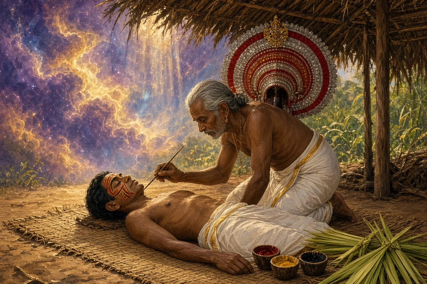 An artist paints the dancer's face in fine red, yellow and black lines