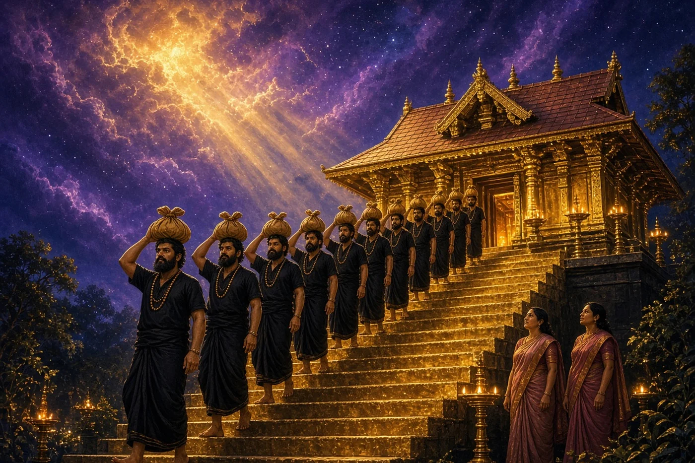 Pilgrims in black, bundles on their heads, climb the eighteen golden steps