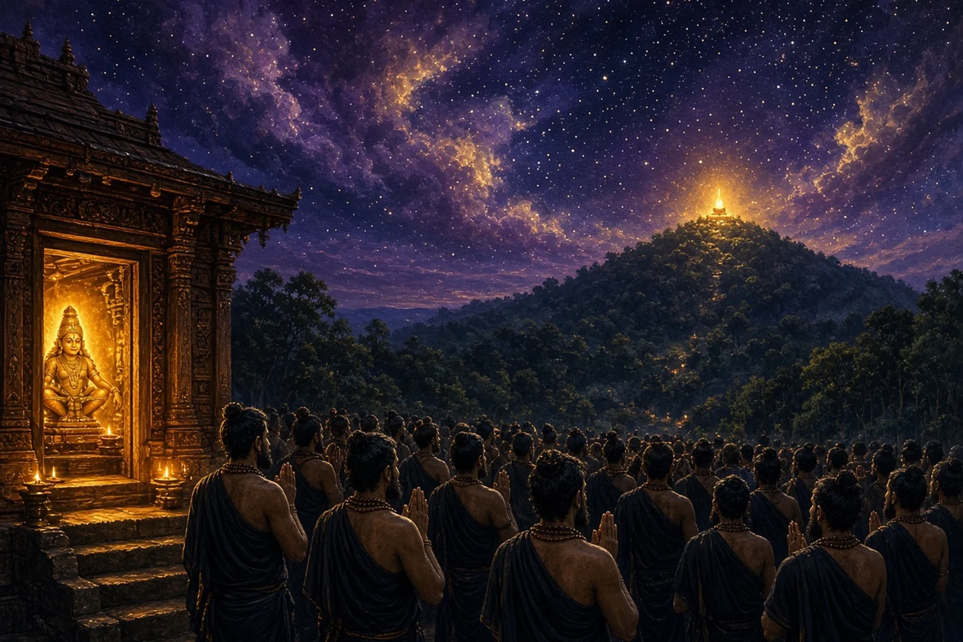 The god shines in his gold as a light appears on the far hill across the valley