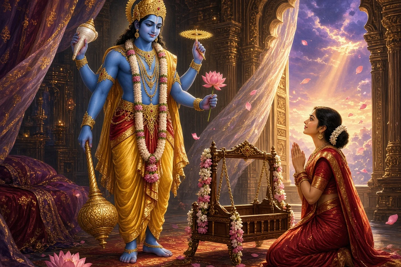 Queen Kausalya folds her hands before the four-armed Lord in her chamber