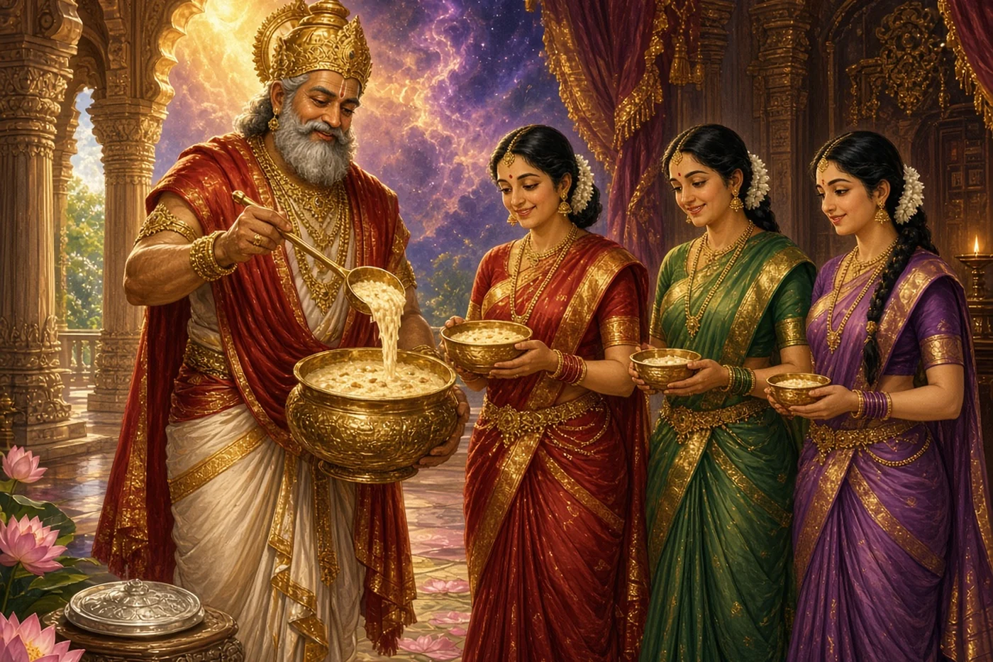 Dasharatha shares the golden vessel of payasam among his three queens