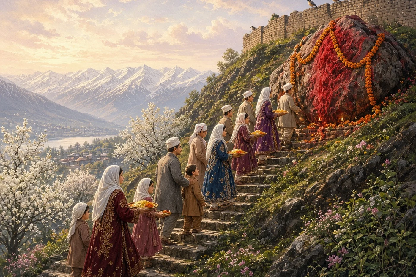 Families climb the steps of Hari Parbat at dawn with yellow rice for Navreh