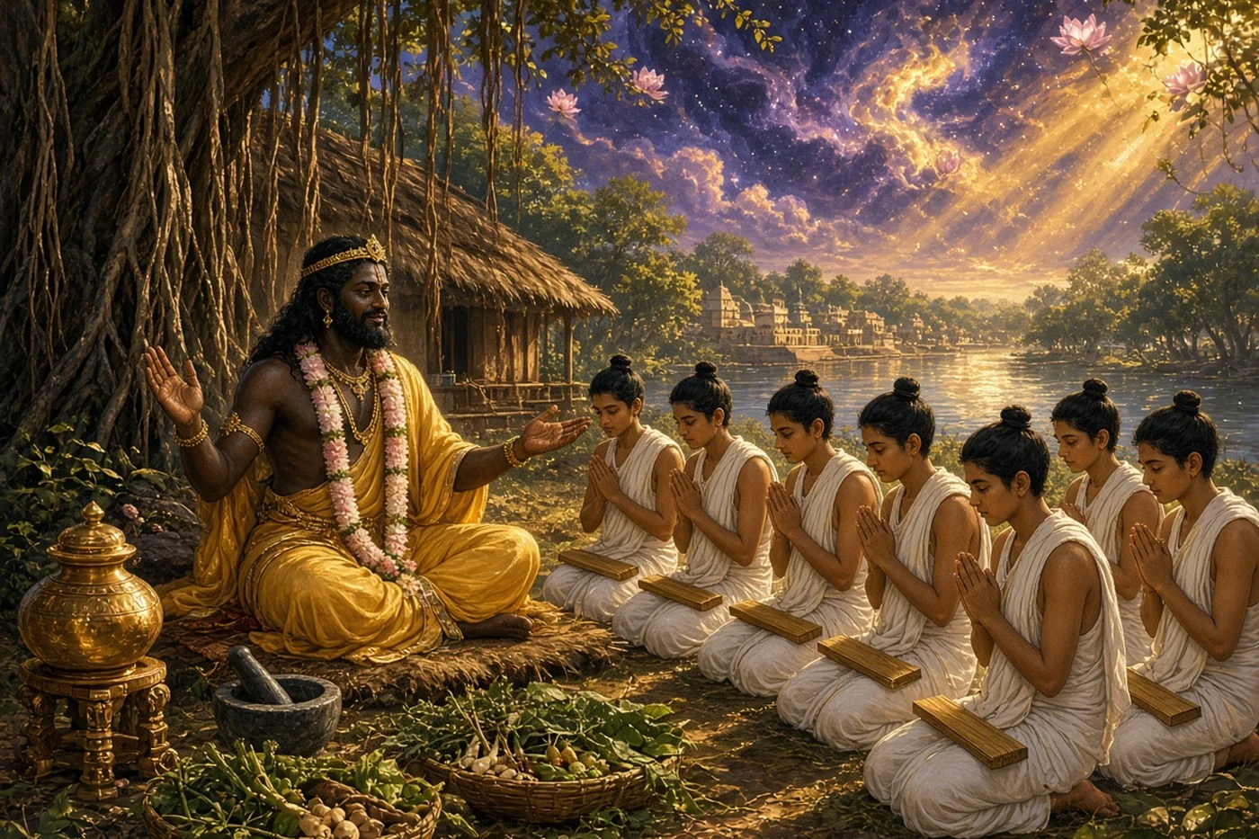 Seven pupils bow before Dhanvantari, king of Kashi, in his ashram